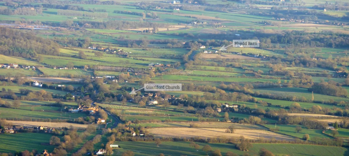 Rhydd Barn and surrounding countryside as seen from the Malvern Hills