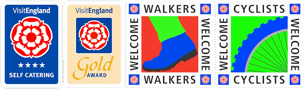 VisitEngland 4-Star Gold Award Award logos and Walkers Welcome and Cyclists Welcome logos